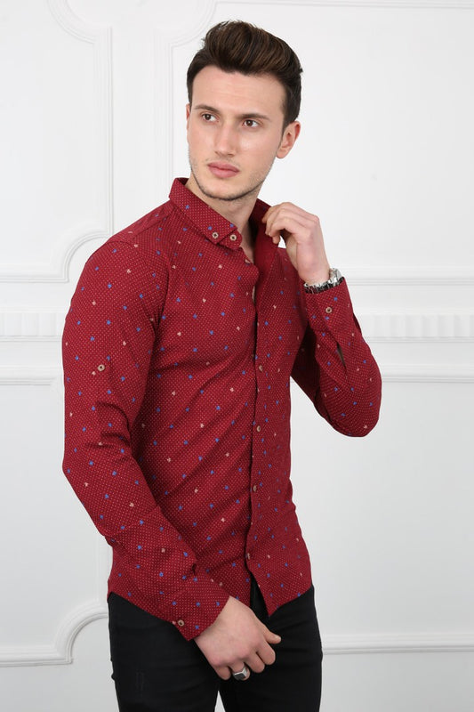 Bordo renkli, küçük nokta desenli, uzun kollu erkek günlük gömlek.