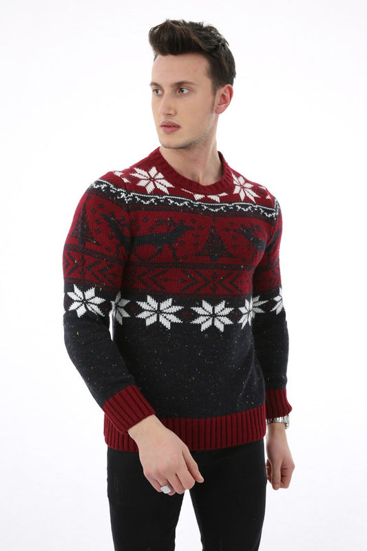 Geyik ve kar tanesi desenli, bordo ve lacivert renkli, bisiklet yaka erkek triko kazak.