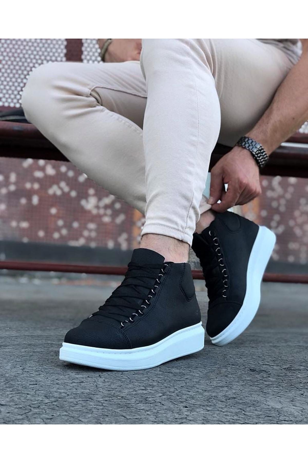 WG032 Siyah Bağcıklı Sneakers Yarım Bilek Bot
