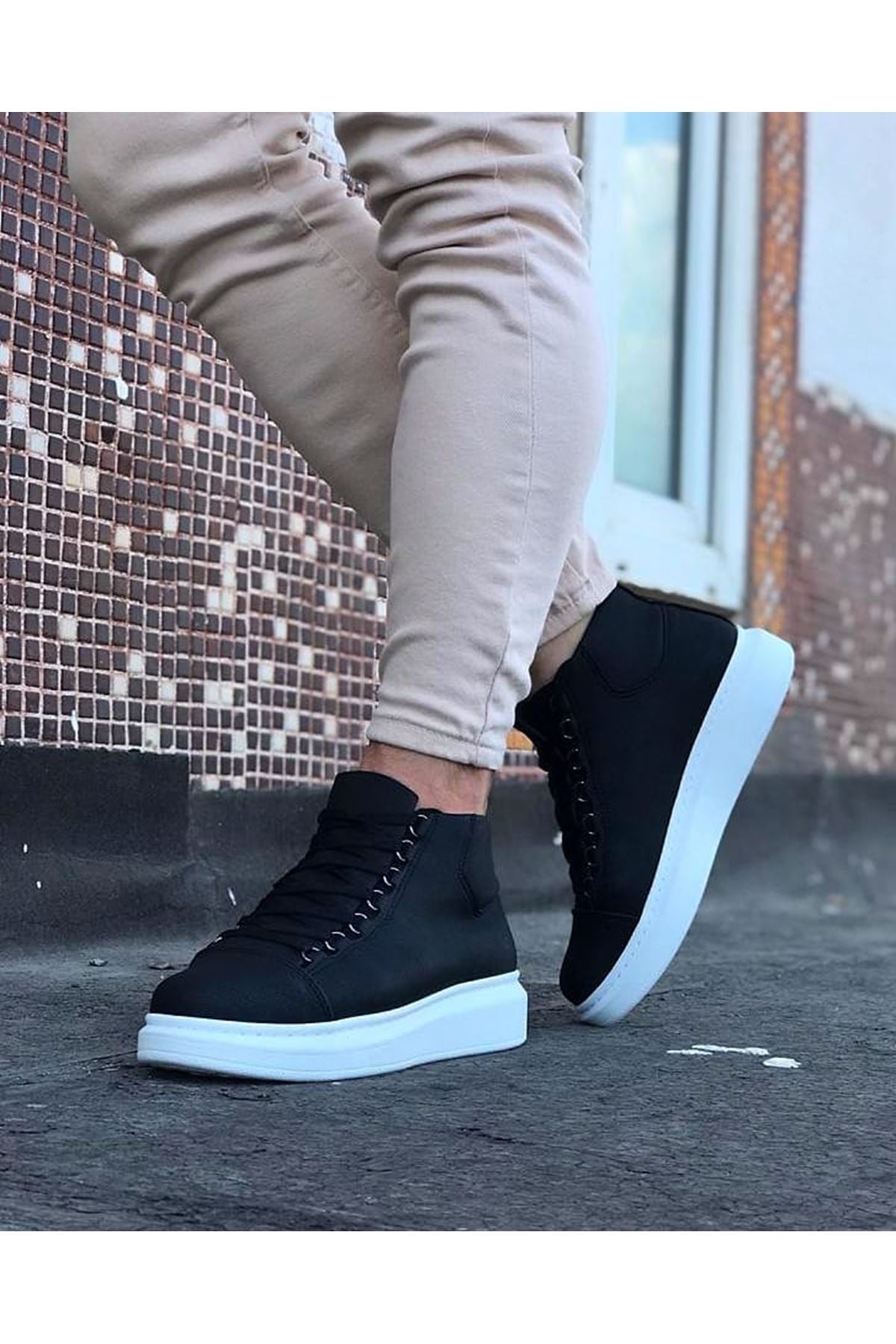WG032 Siyah Bağcıklı Sneakers Yarım Bilek Bot