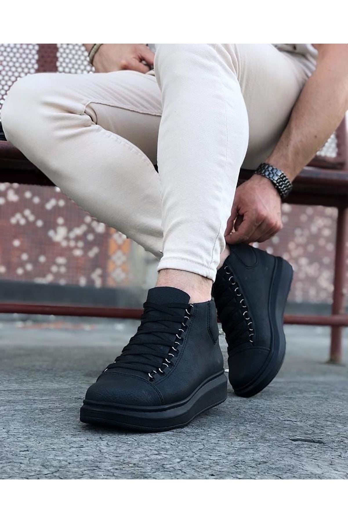 WG032 Kömür Bağcıklı Sneakers Yarım Bilek Bot