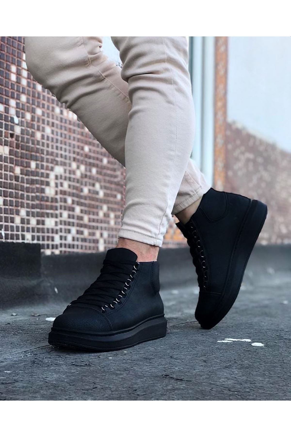 WG032 Kömür Bağcıklı Sneakers Yarım Bilek Bot