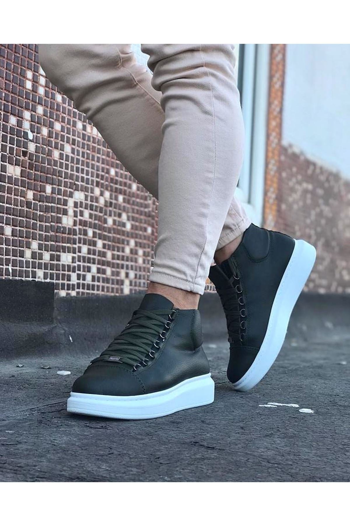 WG032 Haki Bağcıklı Sneakers Yarım Bilek Bot