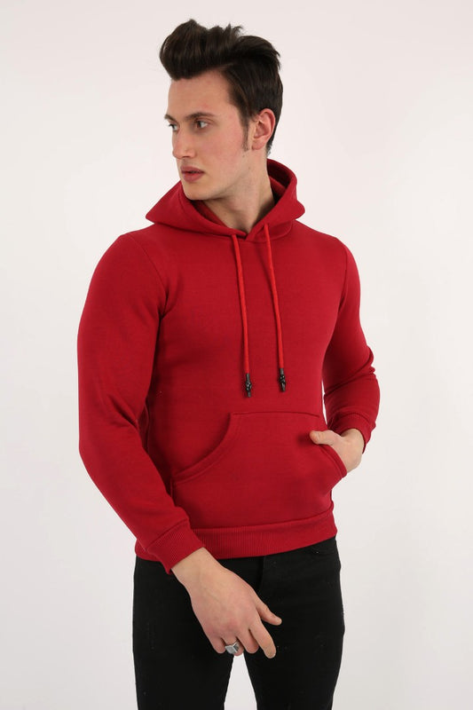 Kırmızı renkli, kapüşonlu ve ön cepli, üç iplik şardonlu erkek sweatshirt.