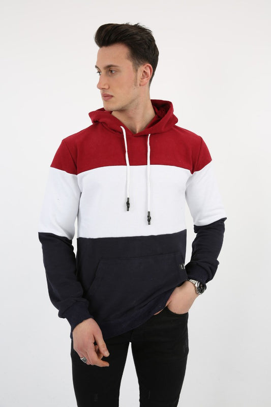 Bordo, beyaz ve lacivert renk bloklu, kapüşonlu ve kanguru cepli erkek sweatshirt.