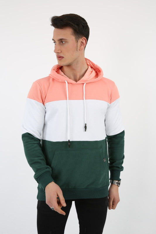 Somon, beyaz ve yeşil renk bloklu, kapüşonlu ve kanguru cepli erkek sweatshirt.