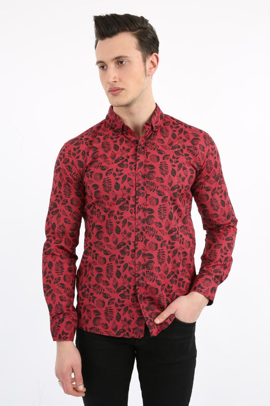 Kırmızı zemin üzerine siyah yaprak desenli, uzun kollu, slim fit erkek gömlek.