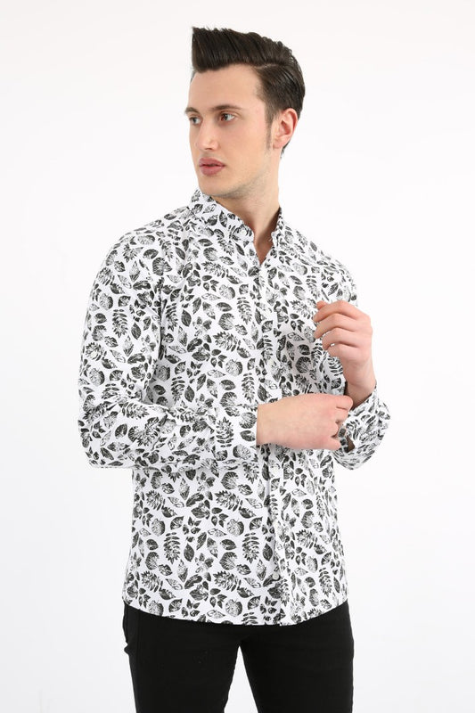 Beyaz zemin üzerine siyah yaprak desenli, uzun kollu, likralı erkek gömlek.