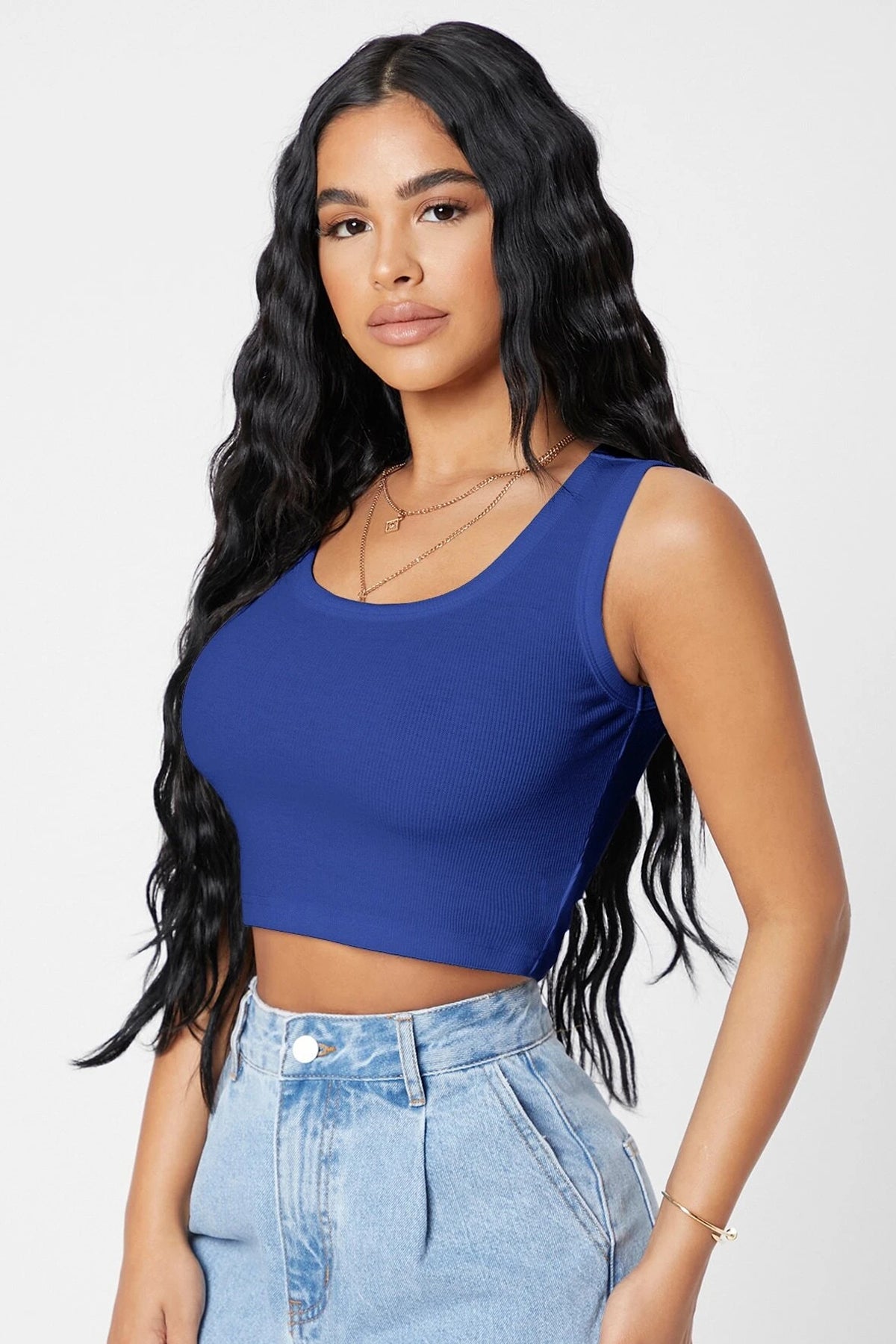 Kadın Lacivert Kare Yaka Crop Top Bluz