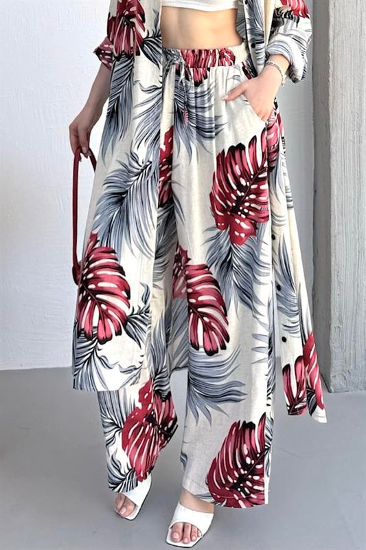 Bordo yaprak desenli, cepli, beli lastikli pantolon ve uzun gömlekten oluşan viskon takım.