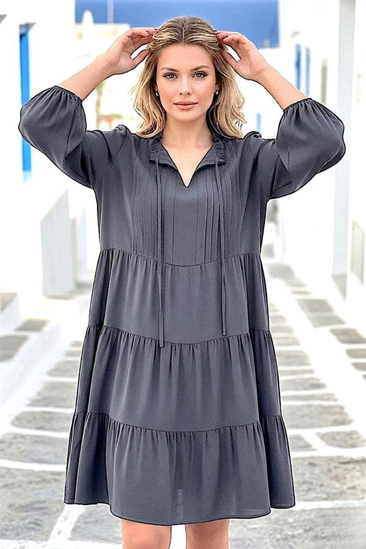 Grey Tie-Waist Knee-Length Dress