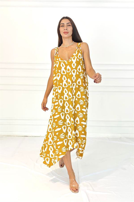 Hardal rengi, beyaz desenli, askıları halka detaylı, uzun viskon elbise.