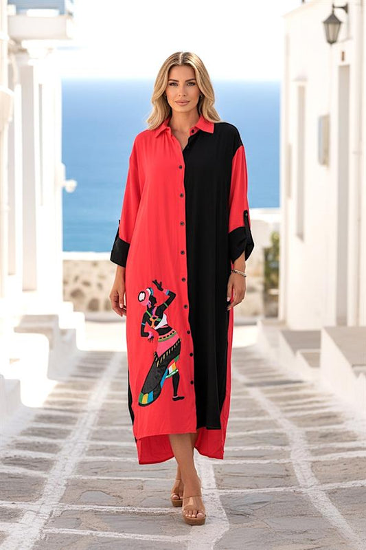 Kırmızı ve siyah renkli, kadın figürü nakışlı, düğmeli ve uzun viskon gömlek elbise.