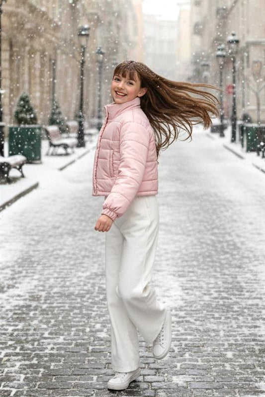Karlı bir sokakta yürüyen kız çocuğu, pudra rengi fermuarlı ve çıtçıtlı şişme mont giyiyor.