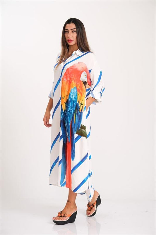Mavi çizgili, papağan desenli, cepli ve uzun kollu viskon gömlek elbise.