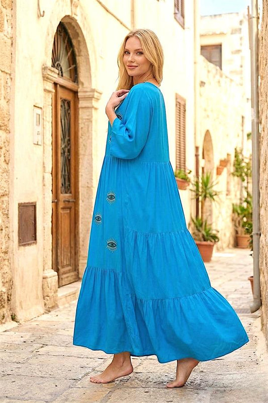 Mavi renkli, truvakar kollu, önü göz nakışlı, geniş kesim uzun viskon elbise.