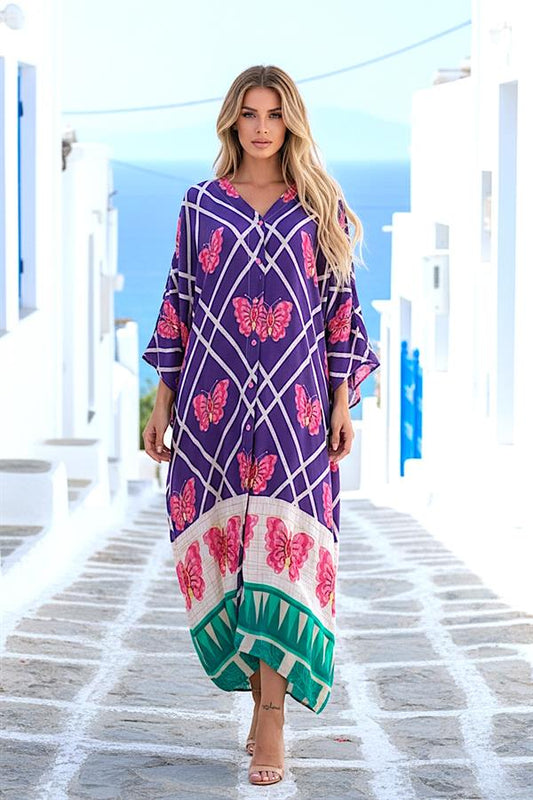 Mor renkli, kelebek desenli, V yaka, yarasa kollu ve düğmeli uzun viskon elbise.