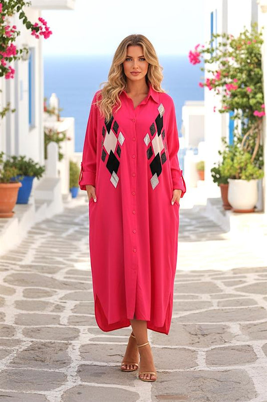 Pembe renkli, önü payet işlemeli, uzun kollu ve apoletli viskon gömlek elbise.