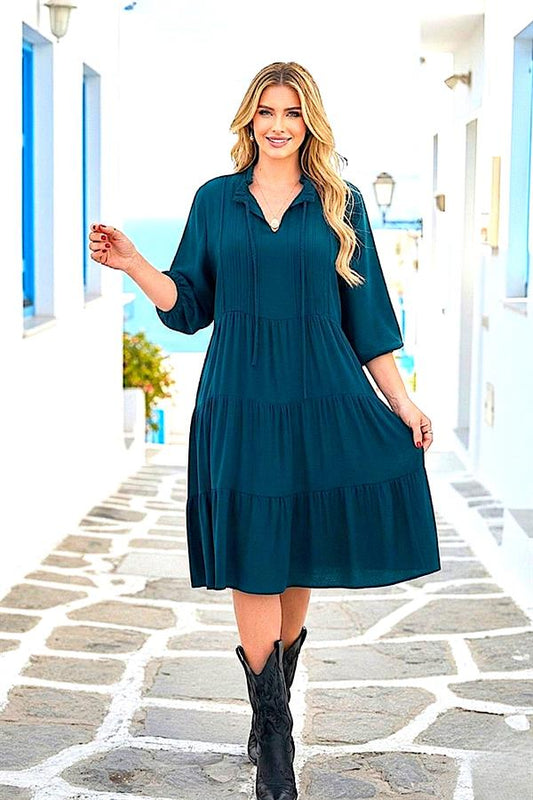 Petrol Blue Knee-Length Dress with Waist and Collar Tie