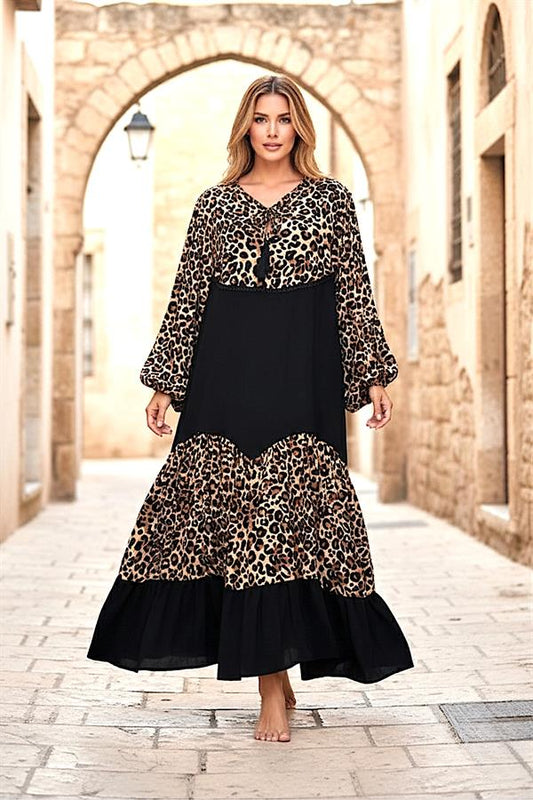 Siyah balon kollu, leoparlı ve bağlama detaylı oversize uzun viskon elbise.