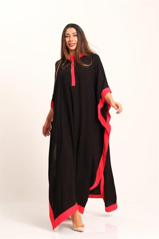 Kırmızı detaylı, yarasa kollu, önden düğmeli, siyah oversize uzun viskon elbise.
