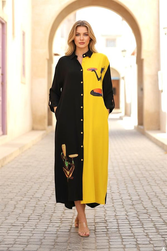 Siyah ve sarı renk bloklu, aplike nakışlı, düğmeli ve cepli uzun gömlek elbise.