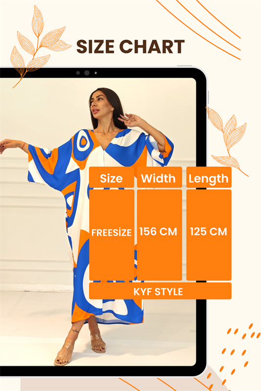 Turuncu ve mavi desenli, oversize kesim, düğmeli ve cepli uzun viskon elbise.