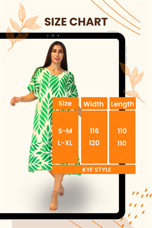 Yeşil yaprak desenli, V yaka, fırfırlı etekli ve midi boy viskon elbise.