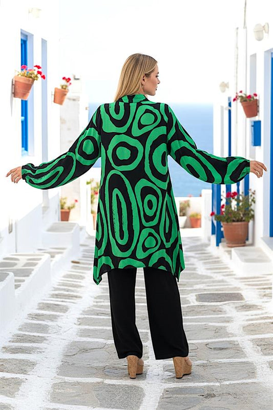 Yeşil siyah desenli, balon kollu, uzun tunik ve pantolondan oluşan ikili takım.