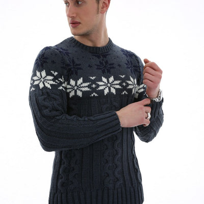 Erkek Kar Desenli Kapartma Baskılı Kışlık Kalın Günlük Triko Kazak