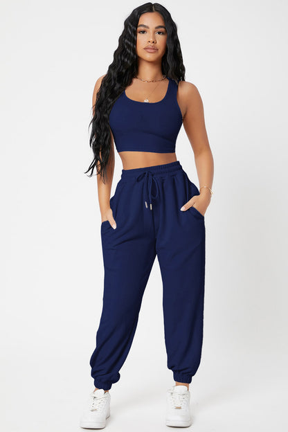 Kadın Lacivert Kaşkorse Cepli Jogger Eşofman Altı ve Crop Top Bluz