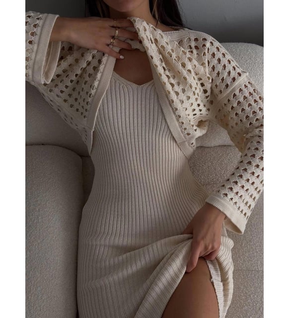 Triko Delikli Kazak Elbise Takım-Bej