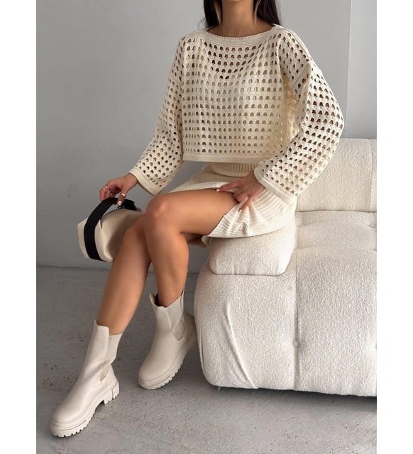 Triko Delikli Kazak Elbise Takım-Bej