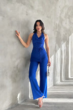 Kadın Saks Mavisi Degaje Yaka Bluz ve Pantolon İkili Takım