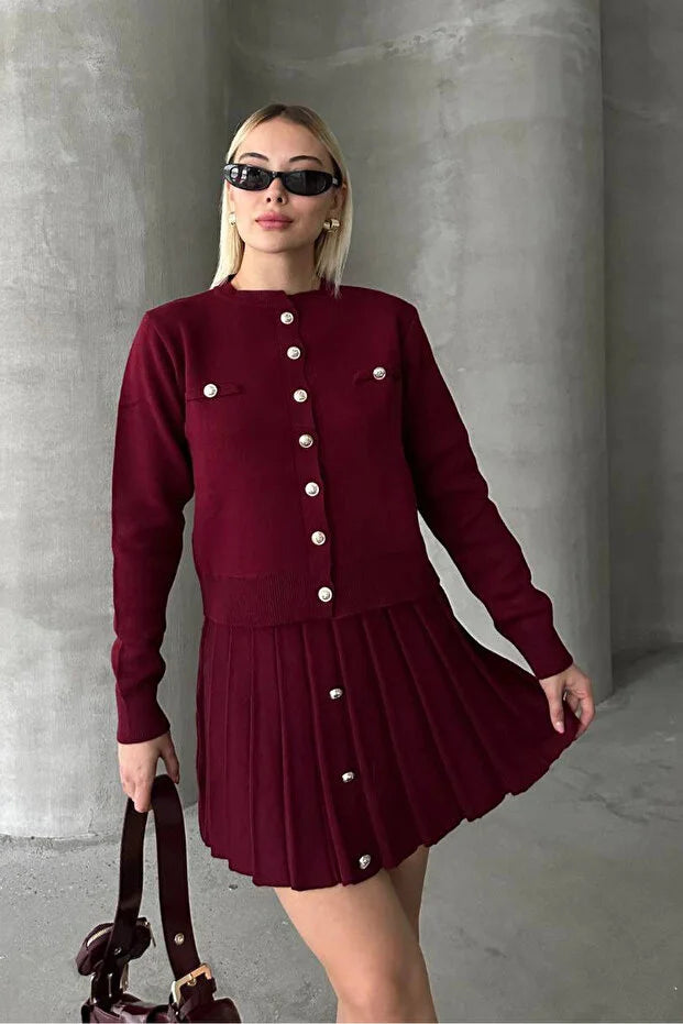 Kadın Triko Mini Etek Hırka Takım – Bordo