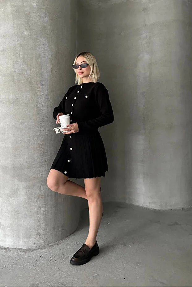 Kadın Triko Mini Etek Hırka Takım – Siyah