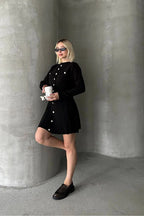 Kadın Triko Mini Etek Hırka Takım – Siyah