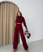 Triko Pantolon ve Parmak Geçmeli Bordo Kazak İkili Takım