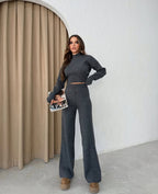 Triko Gri Pantolon ve Parmak Geçmeli Kazak İkili Takım