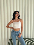 Kadın İp Askılı Kısa Crop - Beyaz