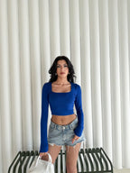 Kadın Kare Yaka Uzun Kol Bluz - Mavi