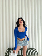 Kadın Kare Yaka Uzun Kol Bluz - Mavi