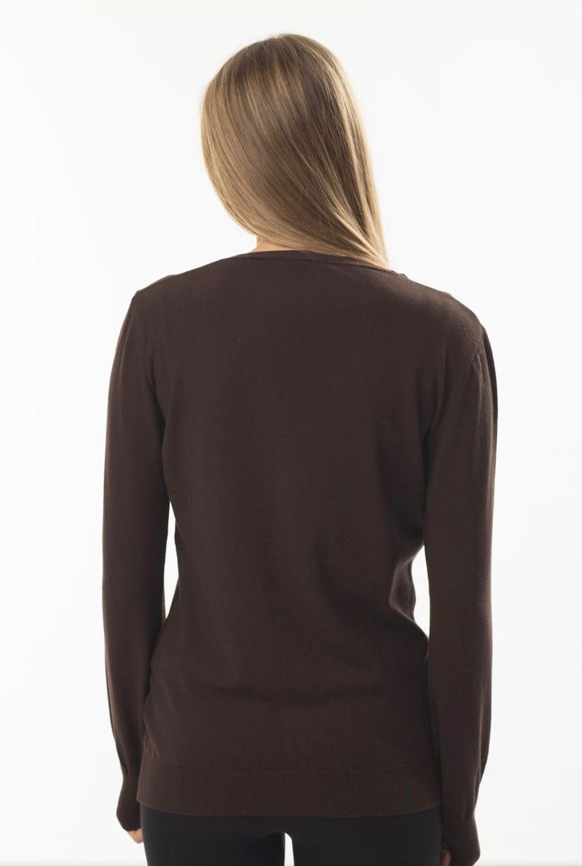 Kahverengi V Yaka Düğmeli Basic Triko Kadın Hırka