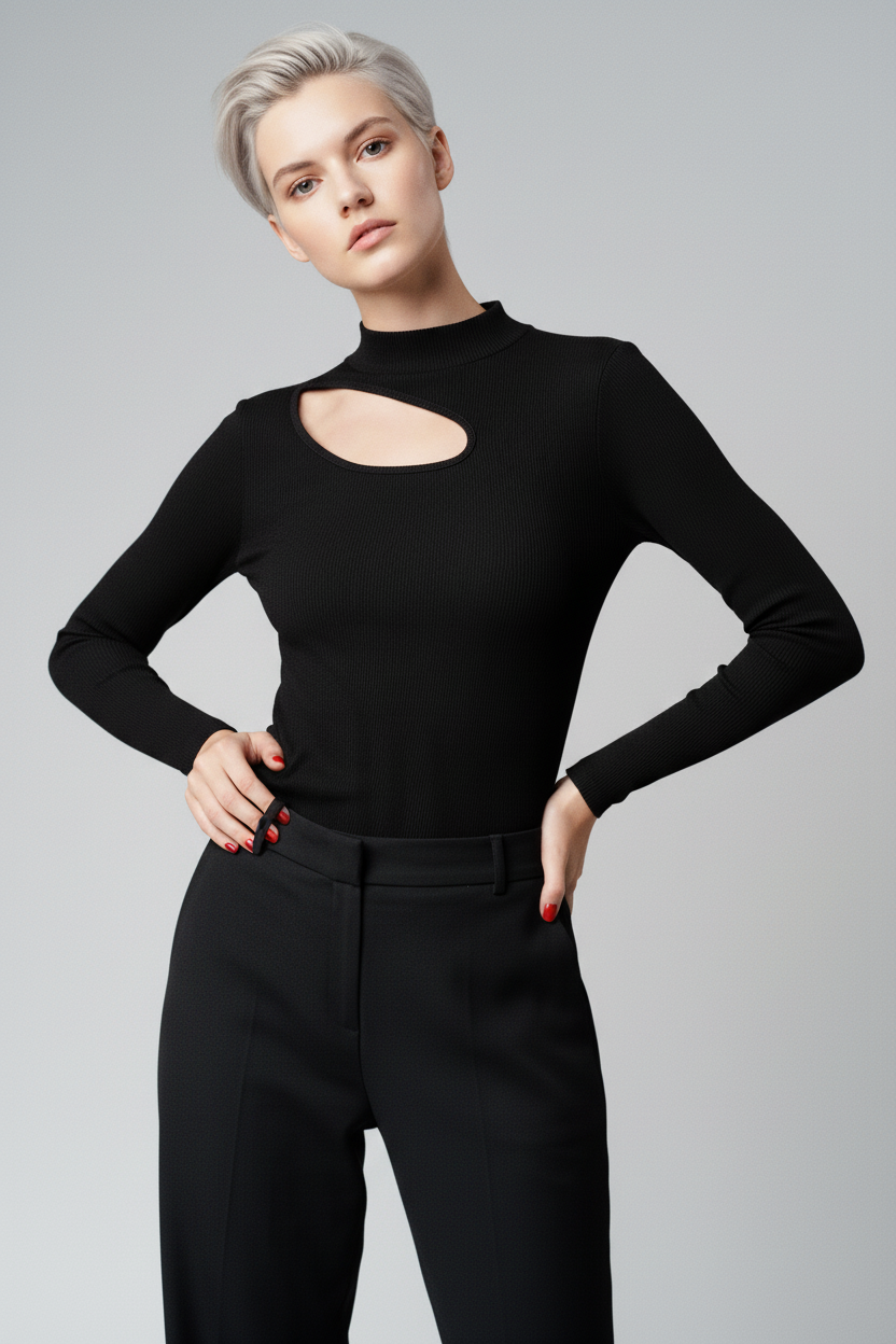 Balıkçı Yaka Kaşkorse Cut Out Detaylı Bluz - Siyah