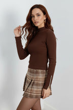 Kaşkorse Kol Fermuarlı Balıkçı Yaka Bluz - Kahverengi