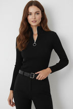 Kaşkorse Fermuarlı Yarım Balıkçı Yaka Bluz - Siyah