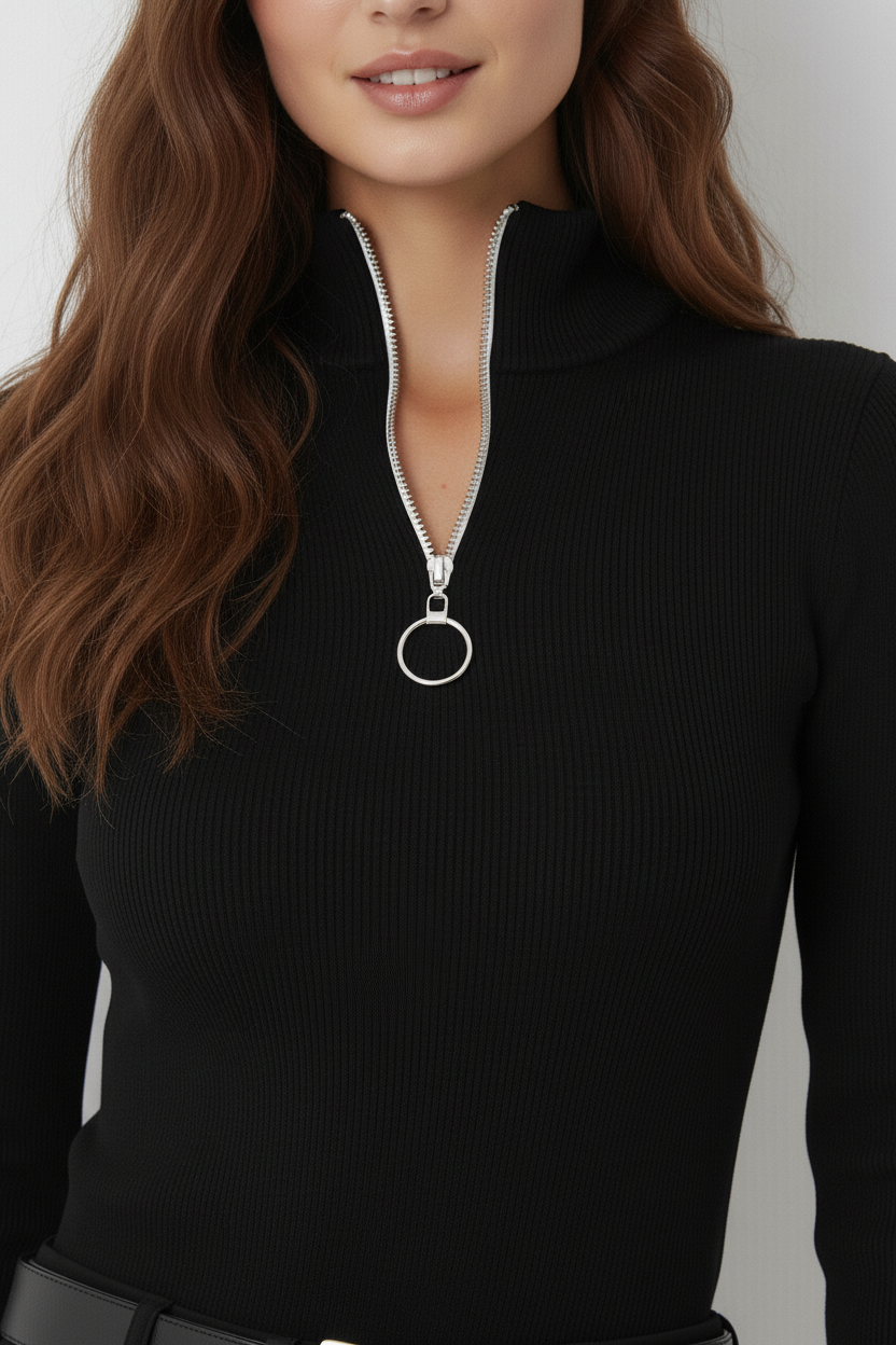 Kaşkorse Fermuarlı Yarım Balıkçı Yaka Bluz - Siyah