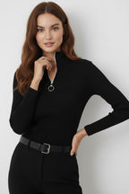 Kaşkorse Fermuarlı Yarım Balıkçı Yaka Bluz - Siyah