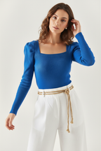 Kare Yaka Prenses Kol Kaşkorse Bluz - Saks Mavi