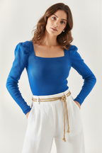 Kare Yaka Prenses Kol Kaşkorse Bluz - Saks Mavi